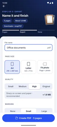 The Export screen with page size, quality and estimated file size