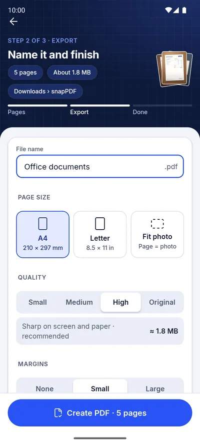 The Name it and finish screen with the quality options and the size estimate