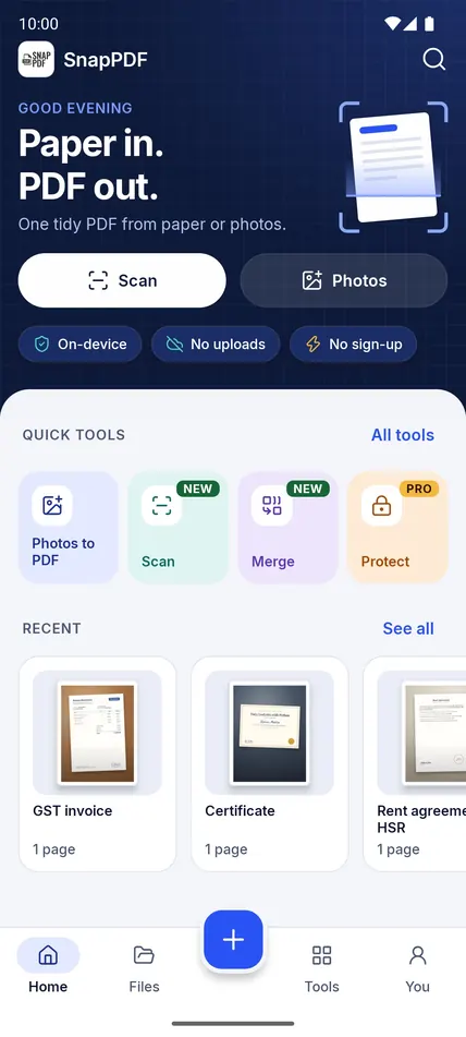The SnapPDF home screen with the Scan and Photos buttons