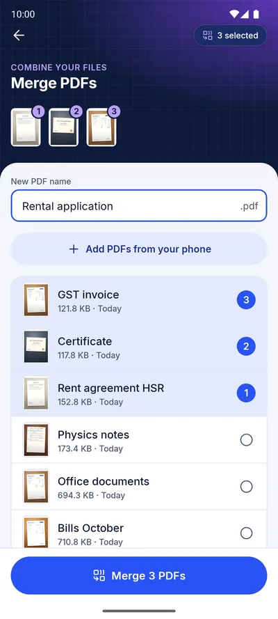 The Merge PDFs screen with three PDFs selected and numbered